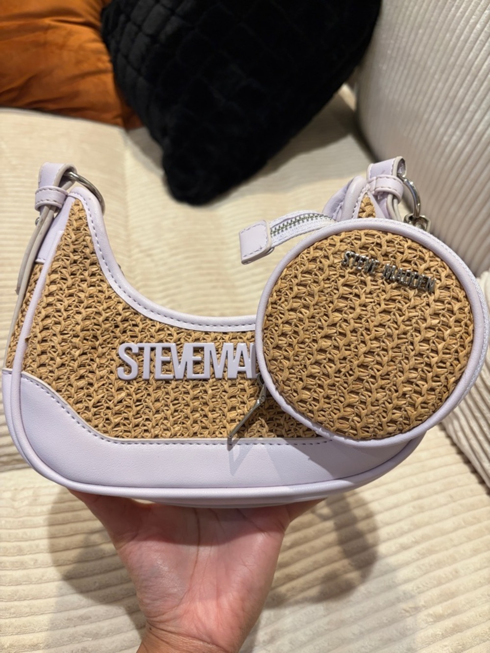Y2K Steve Madden Mini Shoulder Bag with Coin Pouch in Rattan/Lilac Trim